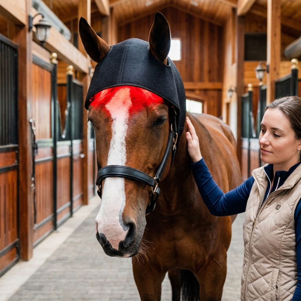 Relaxed horse receiving red light therapy
